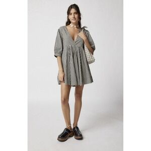 Ecote Vero shapeless v-neck mini dress Large Puff Sleeve Black White Gingham